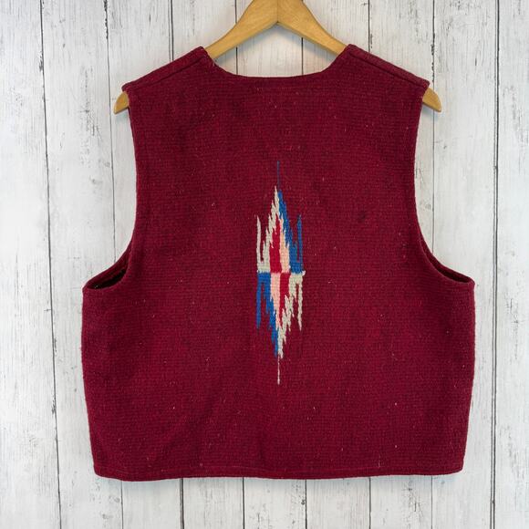 VTG Molina Red Wool Chimayo Handwoven Button Vest Mexico Navajo Size XL Unisex - Picture 8 of 16